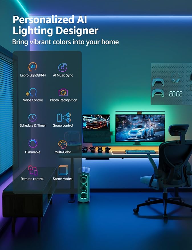 Lepro SE1 AI Smart LED Strip Lights - 49.2ft RGB Color Changing Light Strips with APP Control, AI Generated Lighting, Music Sync, 2.4GHz Wi-Fi & Bluetooth LED Lights for Home Decor (No Remote)