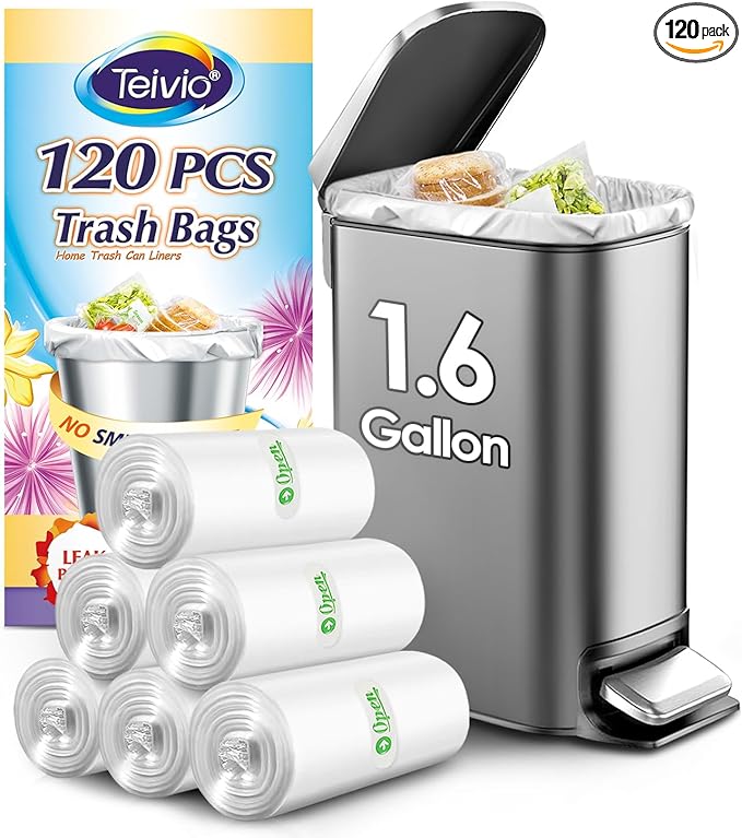 Teivio 1.6 Gallon(Fit 1.5-1.6 Gal)120 Counts Strong Trash Bags 1.5 Gallon 1.6 Gallon Garbage Bags, Bathroom Trash Can Bin Liners, Plastic Bags for home office kitchen, Clear