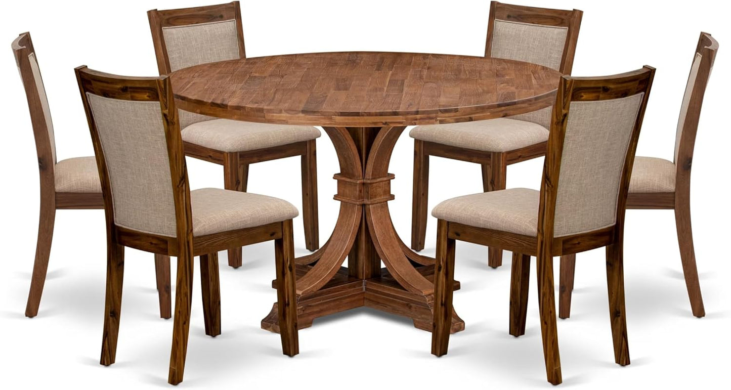I7MZ7-50N-04 7-Pc Dining Set consists of a Pedestal Dining Table and 6 Light Tan Polyester Fabric Dining Chairs with Padded Back - Antique Walnut Finish
