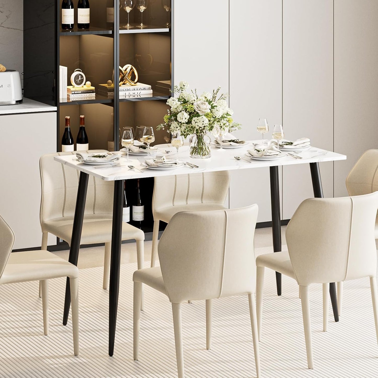 Garden 4 you Wood Dining Table for 4-6 People, Modern Rectangular Indoor Dinner Table, 47" Metal Frame Kitchen Table with Legs for Kitchen, Dining Room, Living Room, White