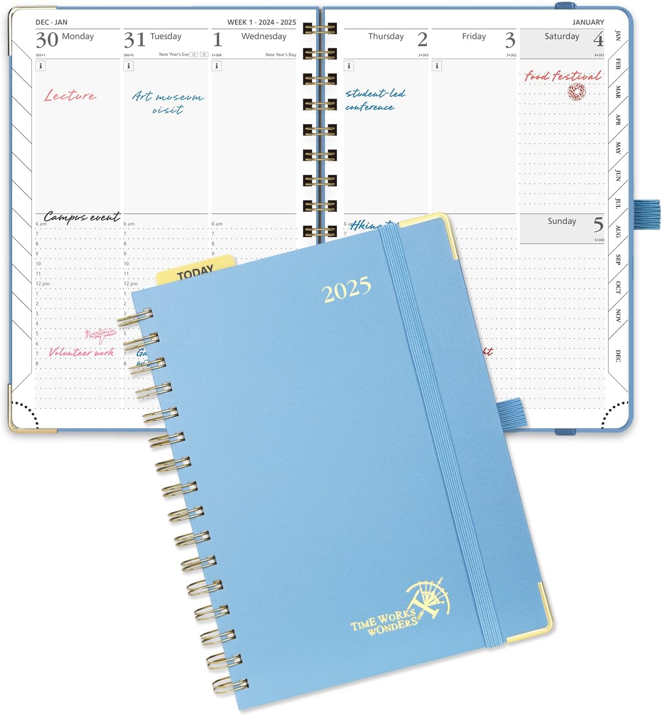 POPRUN 2025 Planner (Medium Size 8.5'' x 6.25'' Wire-Bound Hard Cover) Daily Weekly and Monthly Calendar - Agenda 2025 with Hourly Schedule & Vertical Weekly Layout, Monthly Tabs - Haze Blue
