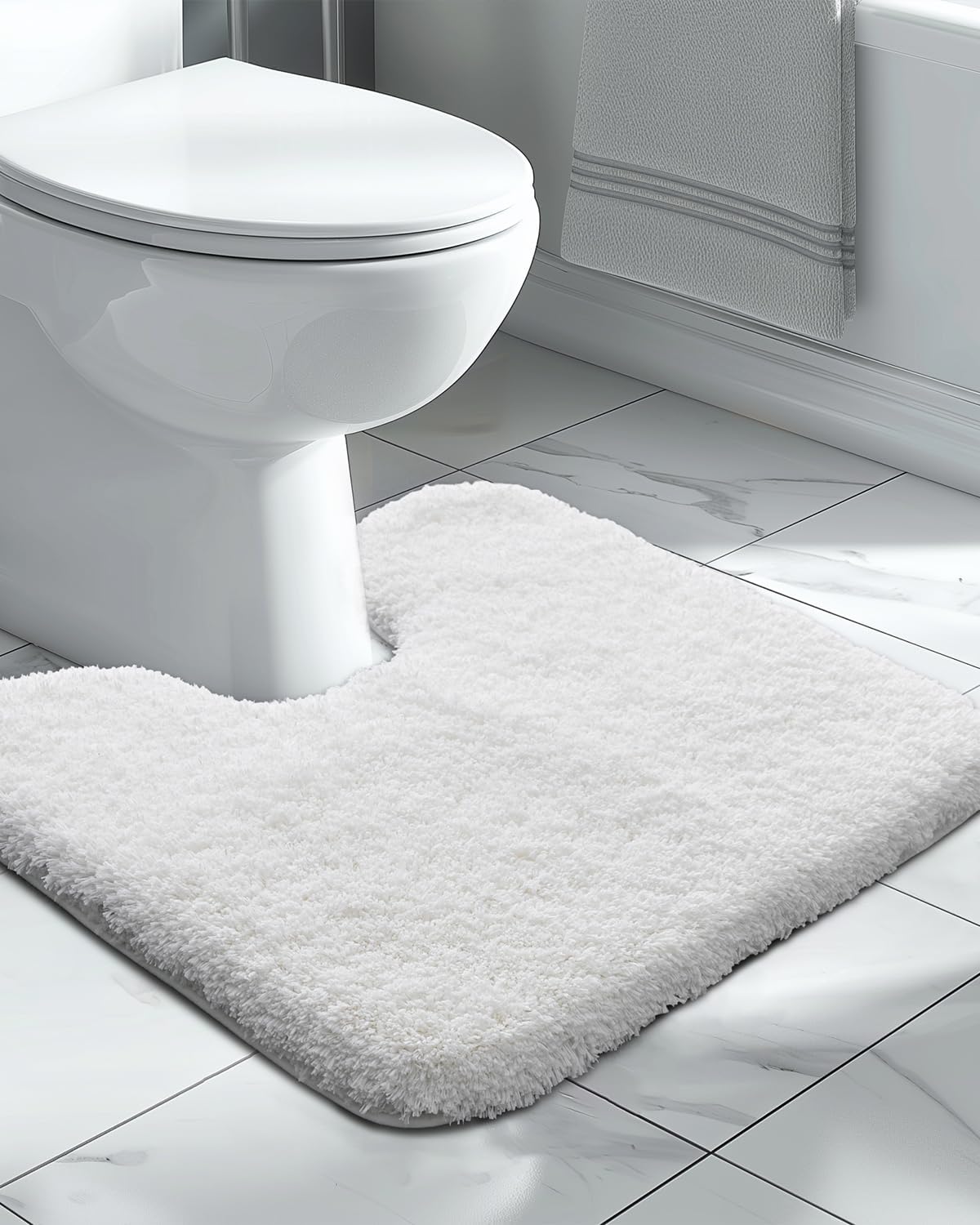 White Toilet Rug 22x24 Non Slip Fluffy Toilet Floor Mat U Shaped Washable Bathroom Contour Rug for Toilet Absorbent Shaggy Toilet Foot Rug
