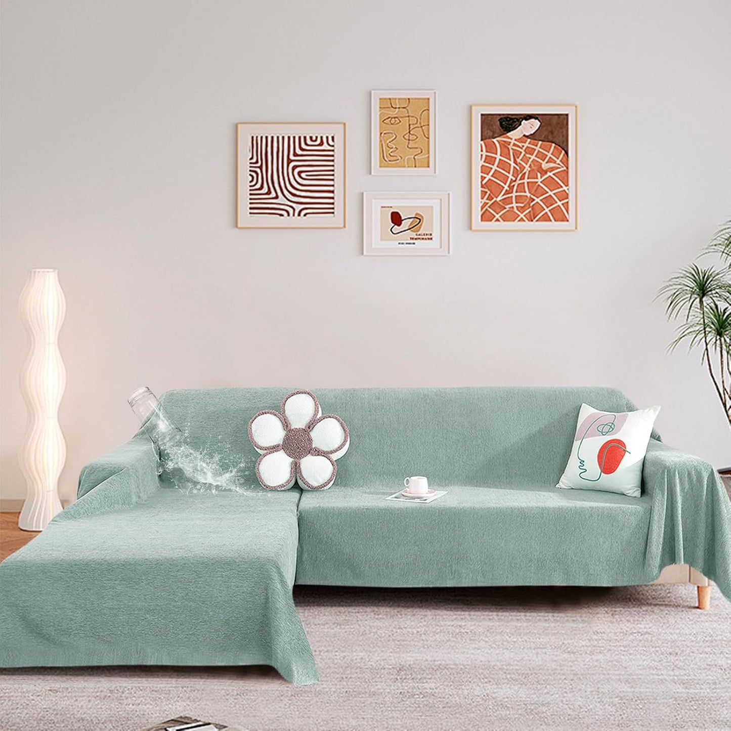 STACYPIK 100% Waterproof Sea Green Sofa Covers, Couch Cover for Sectional, Anti-Cat Scratch Furniture Protector, Washable Jacquard Sofa Cover for Dogs, Kids, Wear Resistant Sofa Slipcover-71X71IN