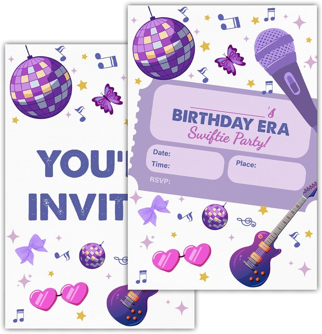 Music Singer Birthday Invitations for Teen Girls, In My Birthday Era Disco Theme Birthday Party Fill in Invites Cards With Envelopes (20 Count), Double Sided Design