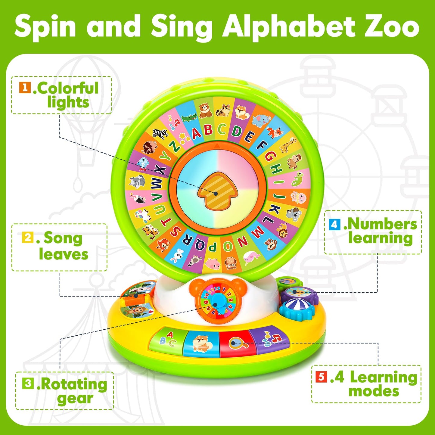 Learning Toys for 1 2 3 Year Old Boy Girl, Spin and Sing Alphabet Zoo with Sounds for Toddler 1-3, Educational Development Toy for Kid, Christmas Birthday Gifts for Baby 12-18 Months+