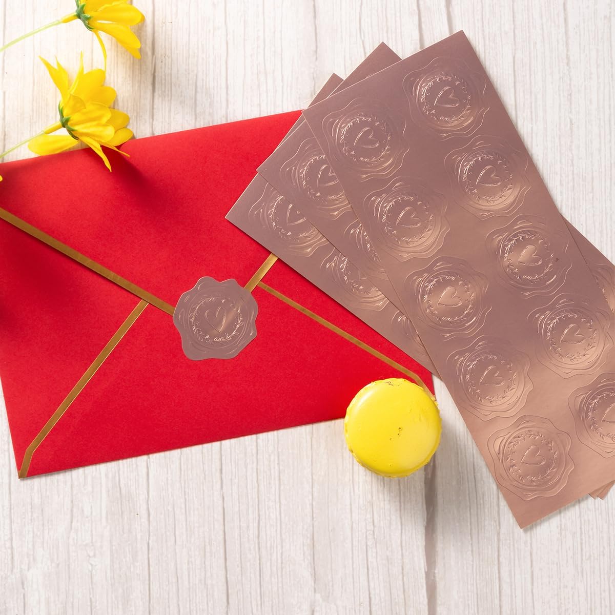 300 Pieces Embossed Gold Foil Stickers Gold Stickers for Envelopes, Wedding Invitations, Christmas Greeting Cards Envelopes (Rose Gold Heart-Love)