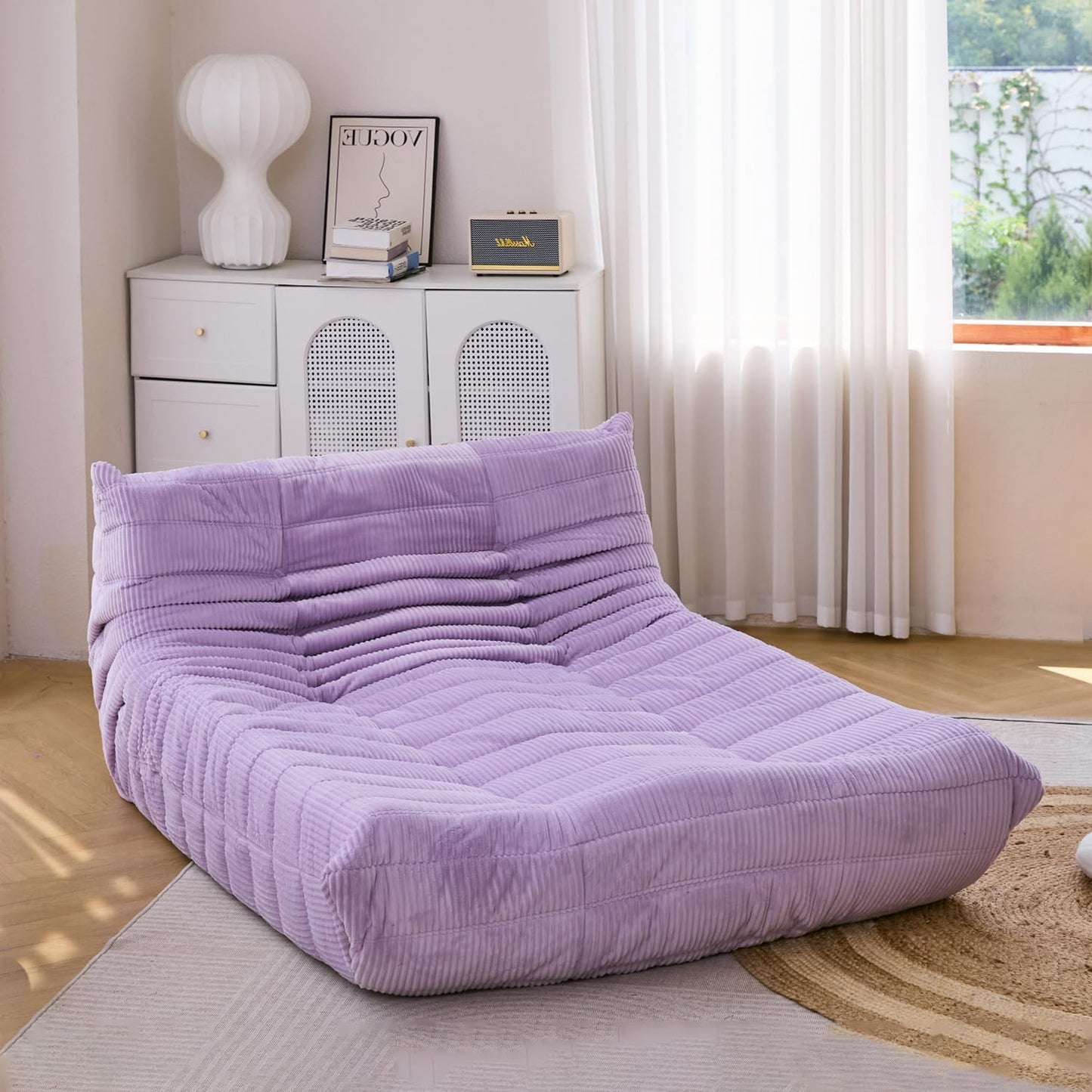 N&V Fireside Lounge Chaise Chair, Mid Century Armless Floor Lounger Sofa, Soft Premium Corduroy Floor Lounge Chair, Foam Sofa Accent Lounger for Living Room Bedroom and Office, Lavender