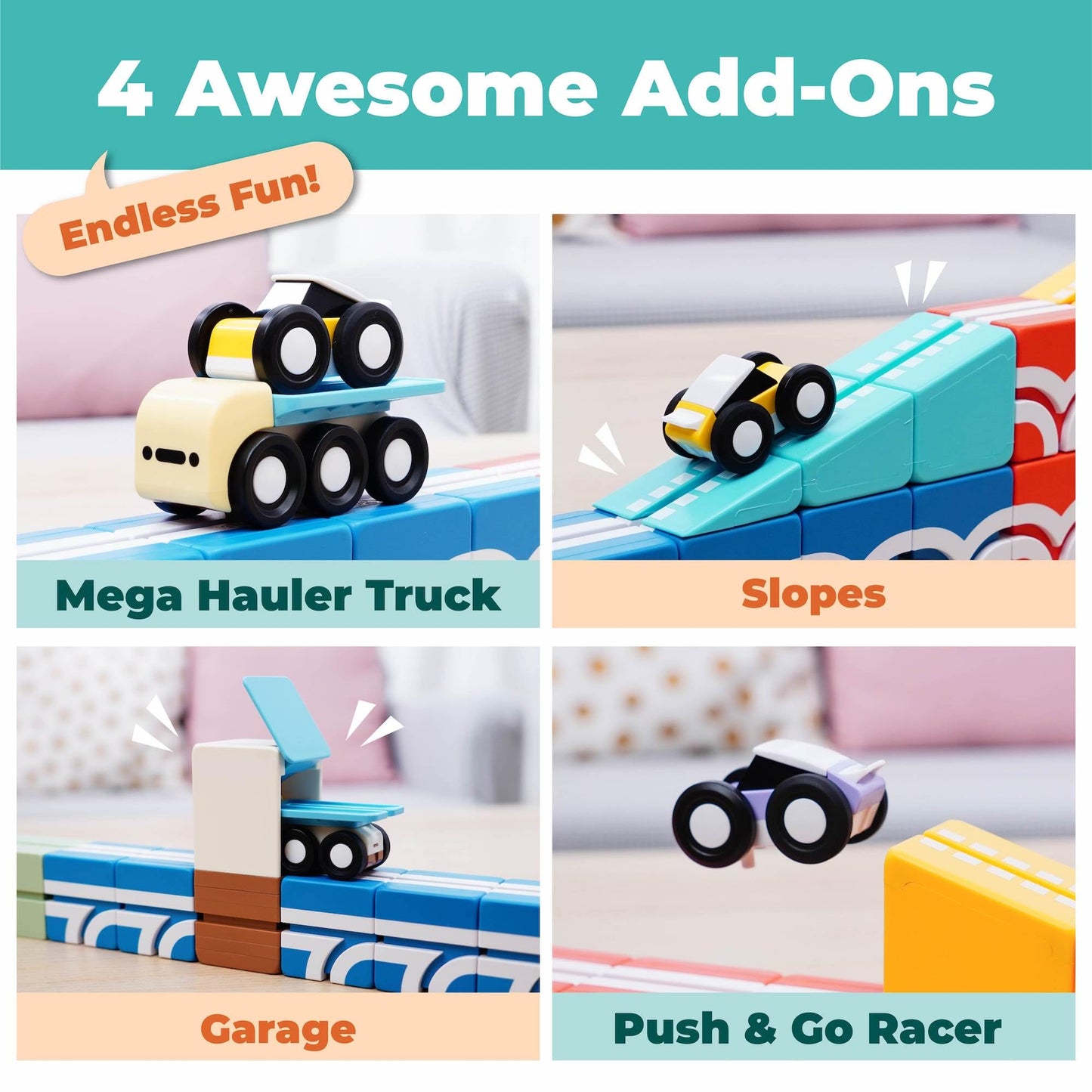 QBI STEM All-in-1 Toy Set with 6 Cars & 3D Tracks | Open Ended Educational Sensory Magnet Cubes | Montessori Toys, Magnetic Building Blocks for Boys & Girls (82 Pieces)