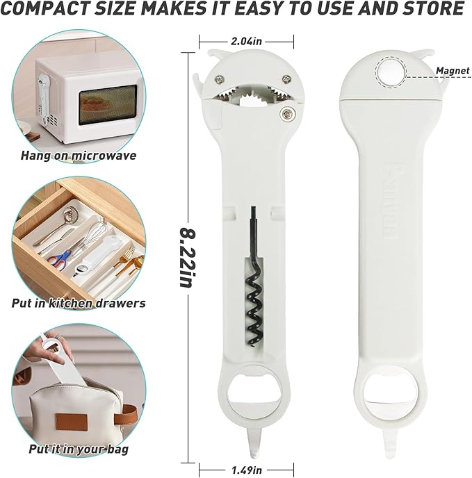 7 in 1 Jar Opener Bottle Opener and Wine Opener for Seniors with Arthritis, Weak Hands, Multi Retractable Magnetic Can Opener, Original Kitchen Lid Opener Tool (White)