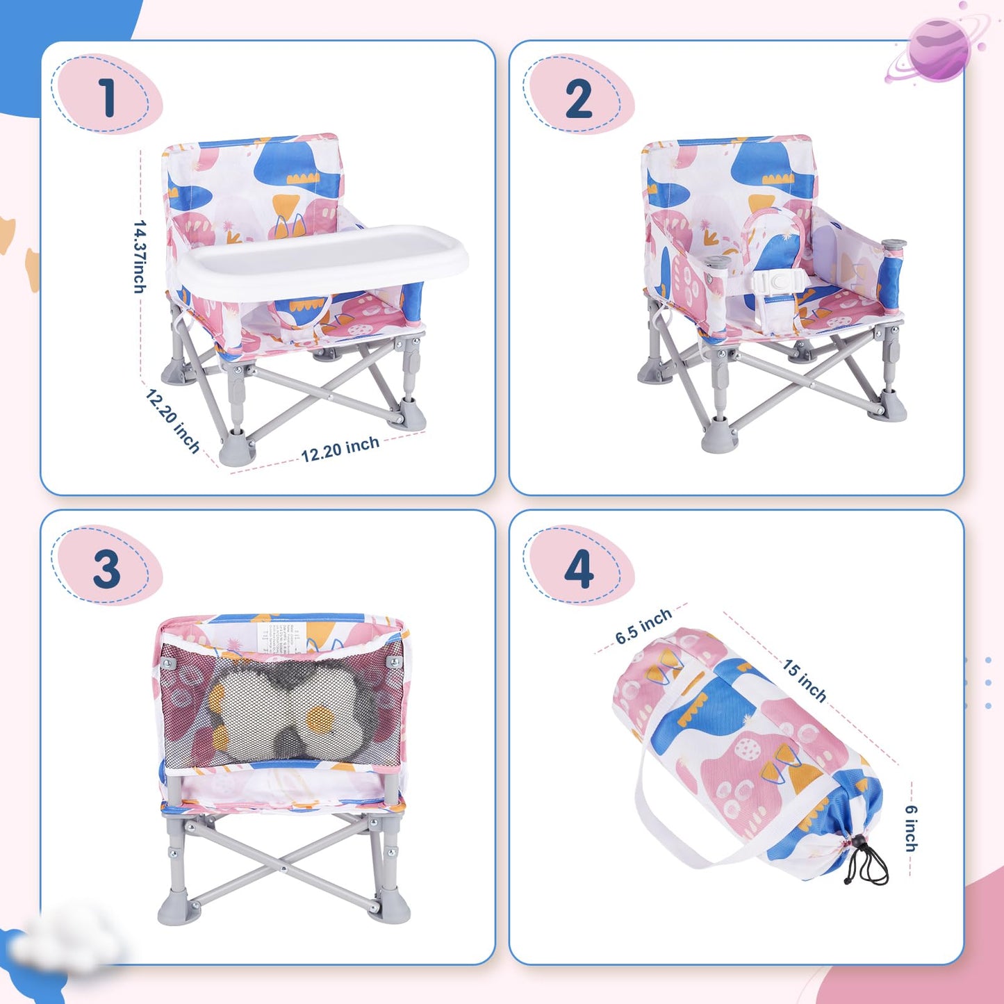 Furmubei Portable Baby Booster Seat with Tray, Toddler Booster seat for Dining, Camping, Travel, Baby Beach Chair 6 Months to 3 Years Old Indoor Outdoor Use CH2408