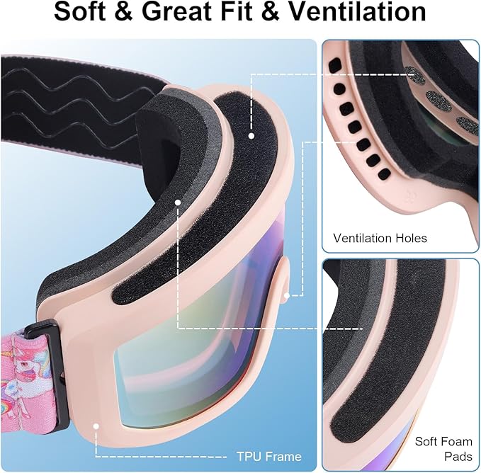OTG Kids Ski Goggles Kids Snowboard Goggles for Boys Girls Toddler Youth Kid Snow Goggles Anti-Fog UV400 Protection
