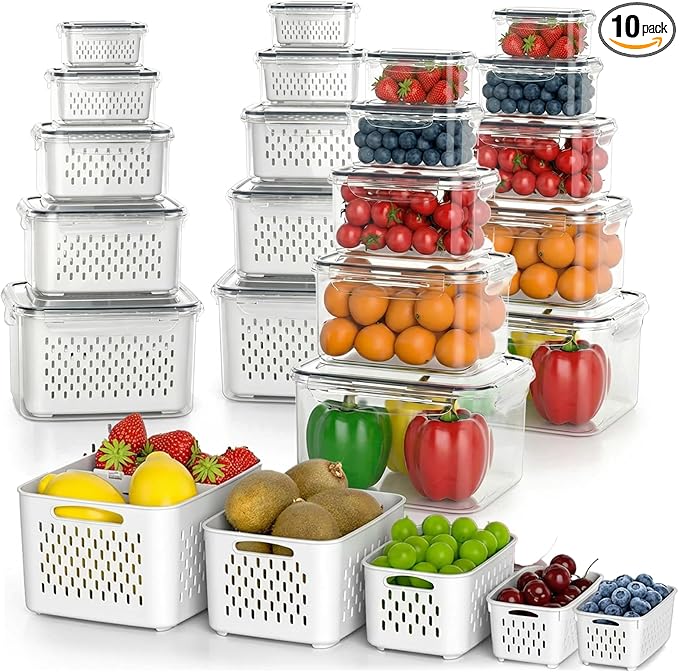 10PCS Fruit Storage Containers for Fridge, Leakproof Produce Containers for Fridge with Removable Colander, All-In-One Fruit Containers Stainers Berry, Fruits, Vegetables, Lettuce Keeper Local Stock