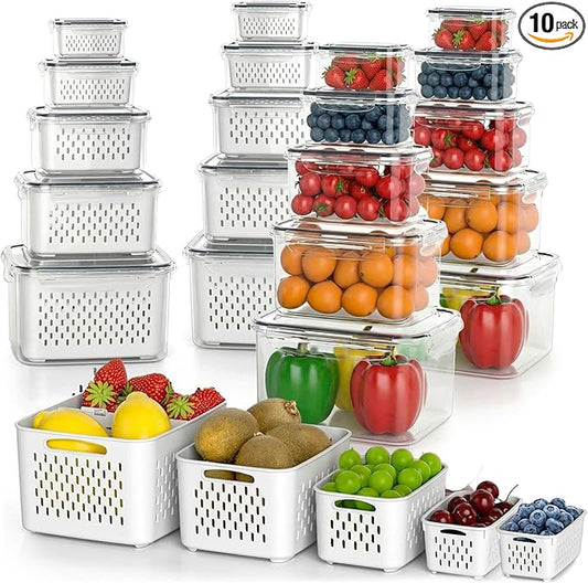 10PCS Fruit Storage Containers for Fridge, Leakproof Produce Containers for Fridge with Removable Colander, All-In-One Fruit Containers Stainers Berry, Fruits, Vegetables, Lettuce Keeper Local Stock