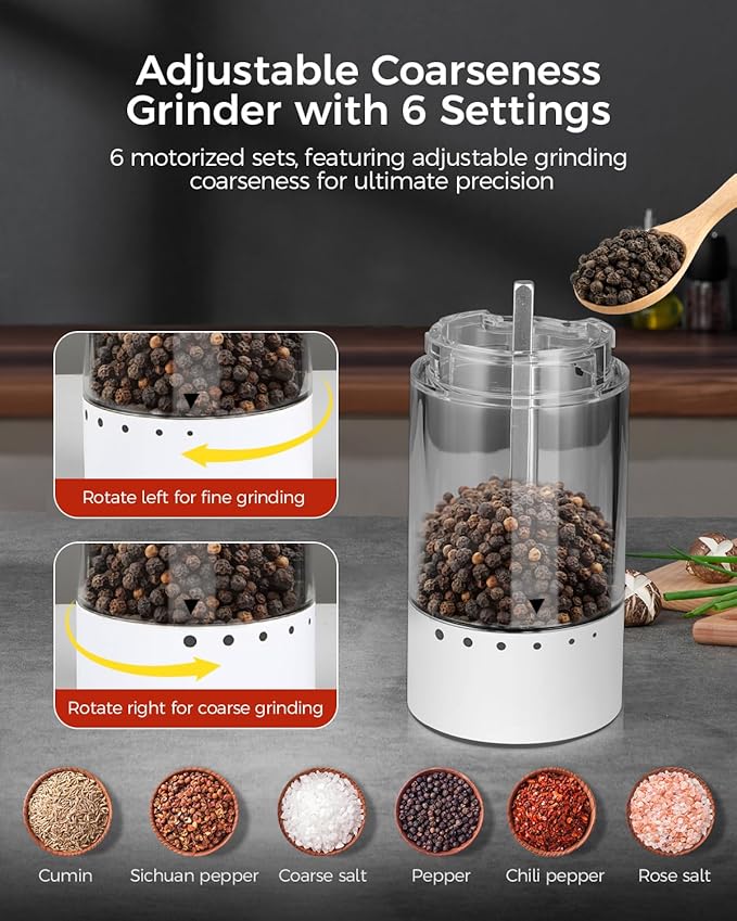 Electric Salt and Pepper Grinder Rechargeable with Light, Electric Salt and Pepper Shakers, Automatic & Adjustable Coarseness, Kitchen Gadgets, White