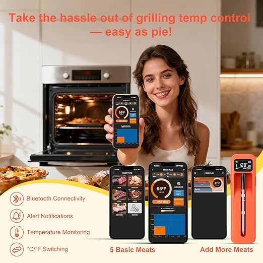 Smart Bluetooth Wireless Meat Thermometer with Ceramic Probe,±1°F Accuracy,IPX8,Real-Time Readings from App or Standalone Display Base for BBQ,Grill,Smoker,Steak,Turkey,Chicken,Pork,Lamb