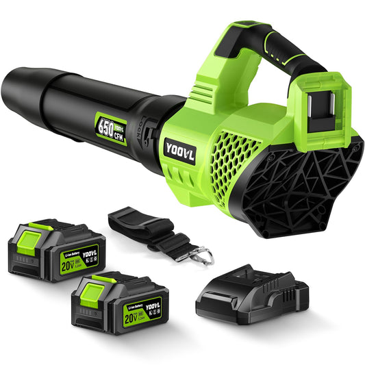 Leaf Blower Cordless, 650CFM Electric Leaf Blowers with 2 x 5.2Ah Batteries and Charger, 3 Speed Modes, 1 x Adjustable Shoulder Strap, Powerful Blowers for Lawn Care, Patio, Dust, Blowing Leaves