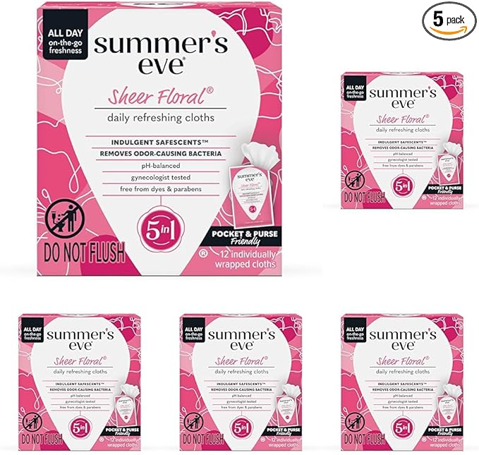 Summer's Eve Sheer Floral Daily Refreshing Feminine Wipes, Removes Odor, pH Balanced, 12 Count, 5 Pack