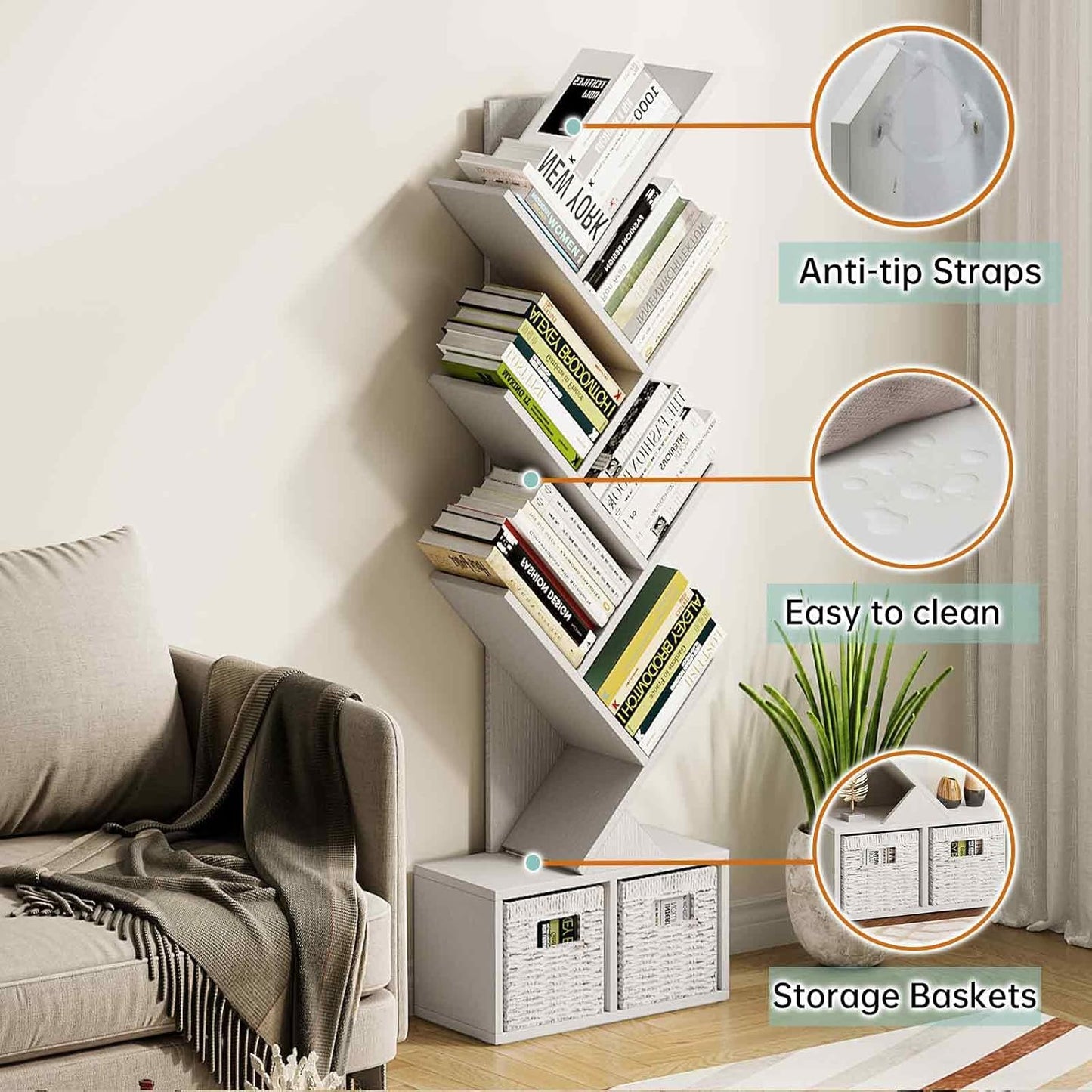 Vagusicc Tree Bookshelf, 6 Tier Bookshelf with Storage, Tall Narrow Bookcase, Rustic Wood Book Storage Rack for CDs/Books, Small Book Organizer Shelves for Bedroom, Living Room, Home Office, White