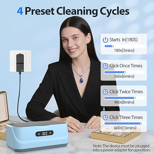Ultrasonic Jewelry Cleaner: 48Khz Ring Cleaner Ultrasonic Machine with Digital Timer, 4 Cleaning Modes, 24W Sonic Cleaner for Jewelry, Glasses, Retainer, Watch Strap, Home & Travel Use, 13.5oz