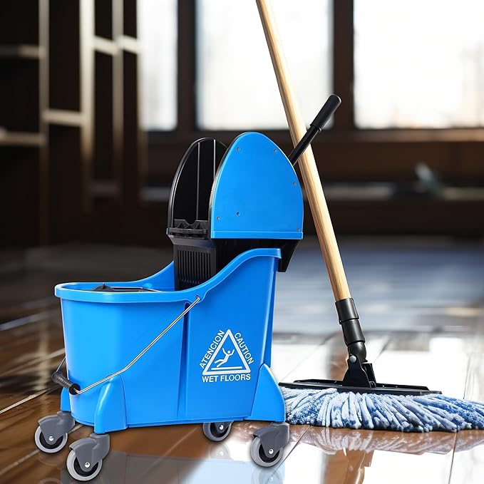 Mop Bucket with Wringer,Mop Bucket Separate Dirty Water for Floor Cleaning,Commercial Mop Buckets on Wheels,Blue