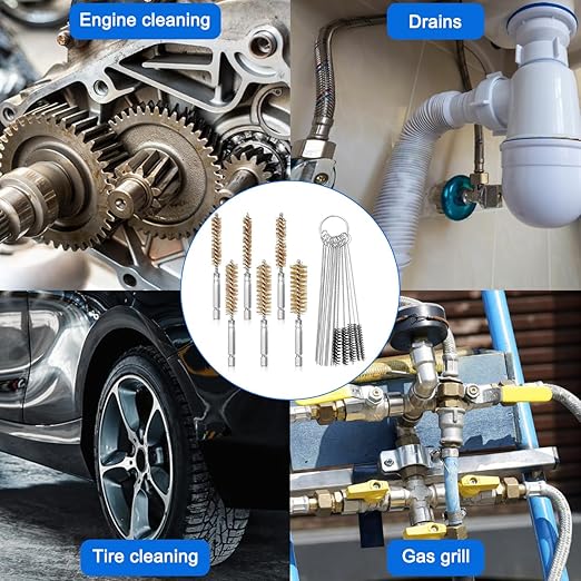 6 Pieces Brass Bore Brush in Different Sizes + 15 Pcs Cleaning Needles Nylon Brushes Tools, Twisted Wire Brush with Handle 1/4 Inch Hex Shank Attachment Drill Set for Tubes Ports Bearings