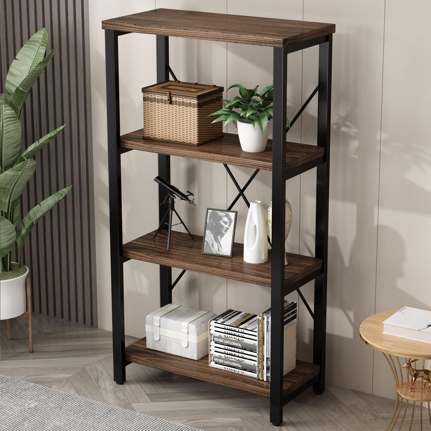 4 Tier Bookshelf, Solid Wood Bookcase Shelf Storage Organizer, Vintage Storage Rack with Open Shelves Rustic Standing Bookshelves for Living Room,Bedroom Rustic Brown(AY01-4tier)