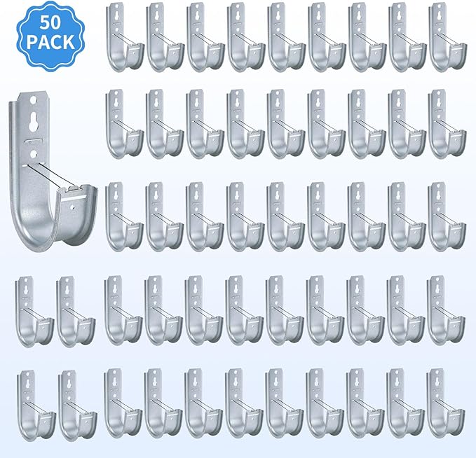 50 Pack 2-Inch Galvanized Steel Cable Support J-Hooks with Retainer Clips - Heavy Duty Wall Mount Cable Management Hooks for Structured Cabling & Organization