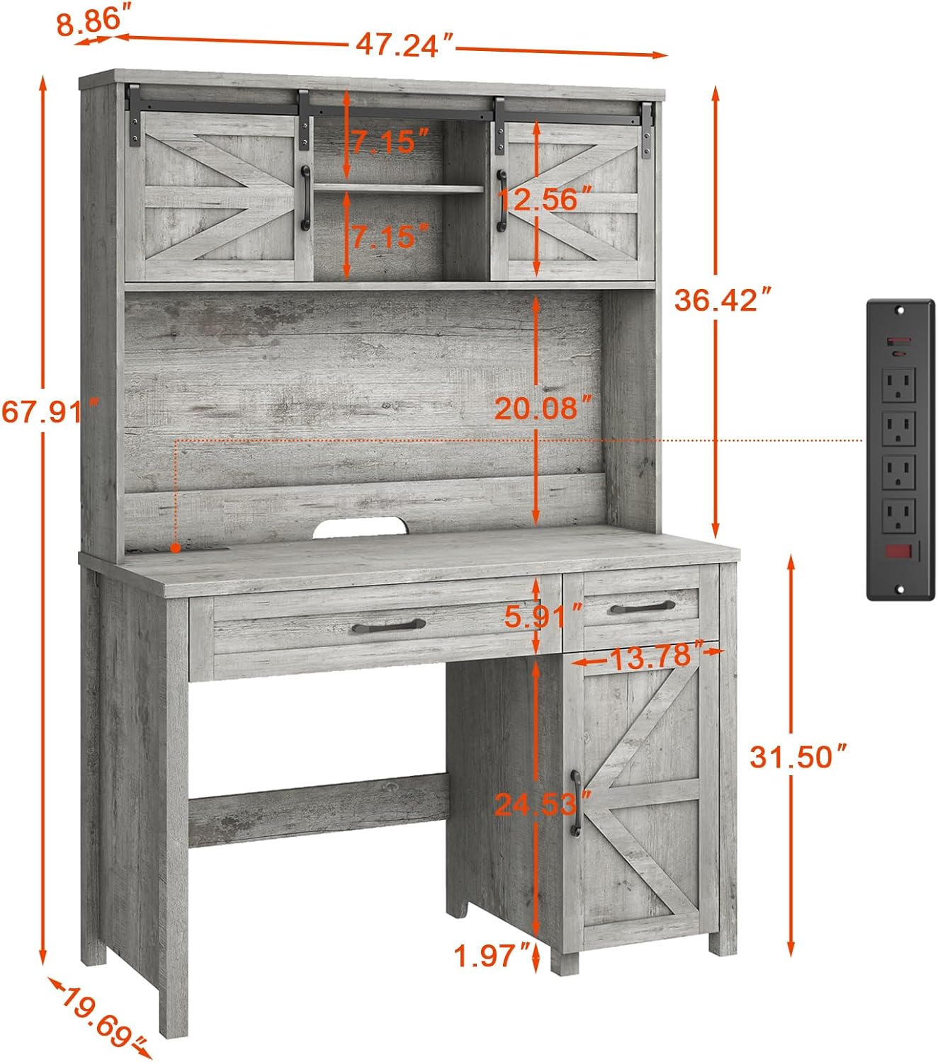 Farmhouse 47" Executive Desk, Computer Desk with Drawers and Storage Cabinet, Workstation with Hutch for Home Office