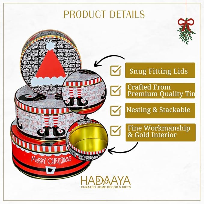 Pack of 9 Round Christmas Cookie Tins With Lids for Gift Giving - Metal Holiday Storage Container, Merry Christmas HAT ELF Design, Perfect for Gifting