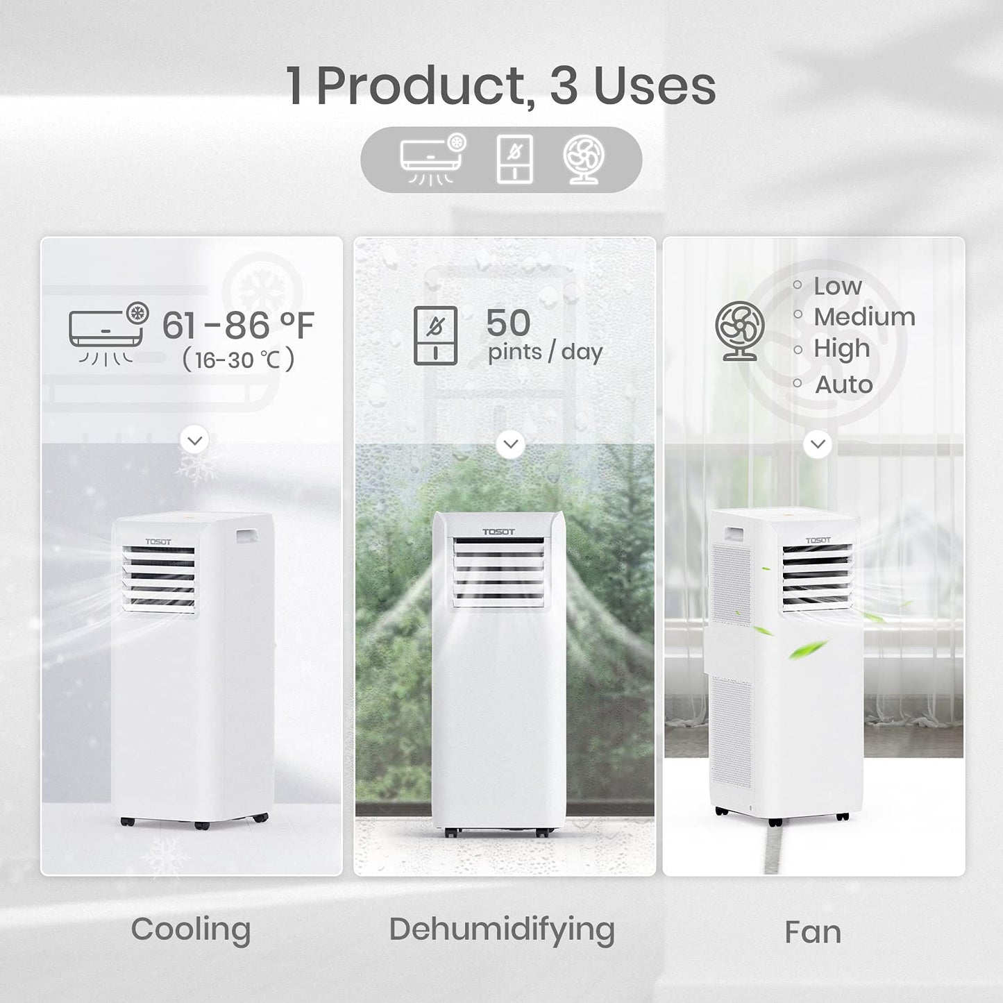Tosot 9,000 Btu Air Conditioner Easier To Install, Quiet And 3-In-1 Portable Ac, Dehumidifier, Fan For Rooms Up To 250 Sq Ft, Ao