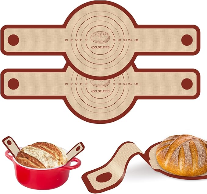 Silicone Bread Sling for Dutch Oven, 2 PCS Red Non-Stick & Reusable Bread Baking Mat with Extra Long Handles, Easy and Safe Sourdough Transfer, Dishwasher Safe Baker's Tools, Round and oval