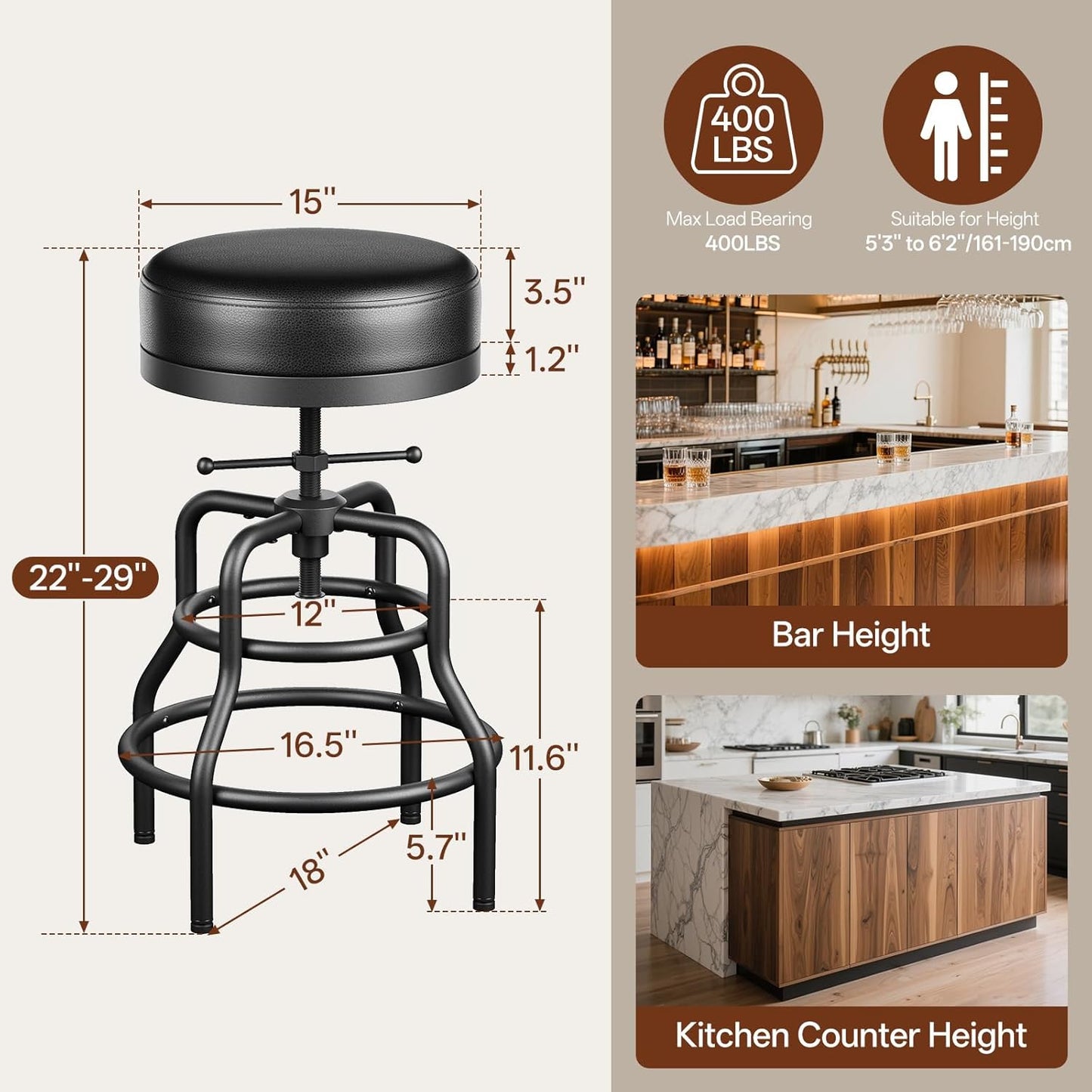 Adjustable Height Swivel Bar Stool, 22-29 Inch Industrial Vintage Bar Counter Height Stool with Thicken Premium Bonded Leather Seat & Updated Footrest, Easy Assembly, Black
