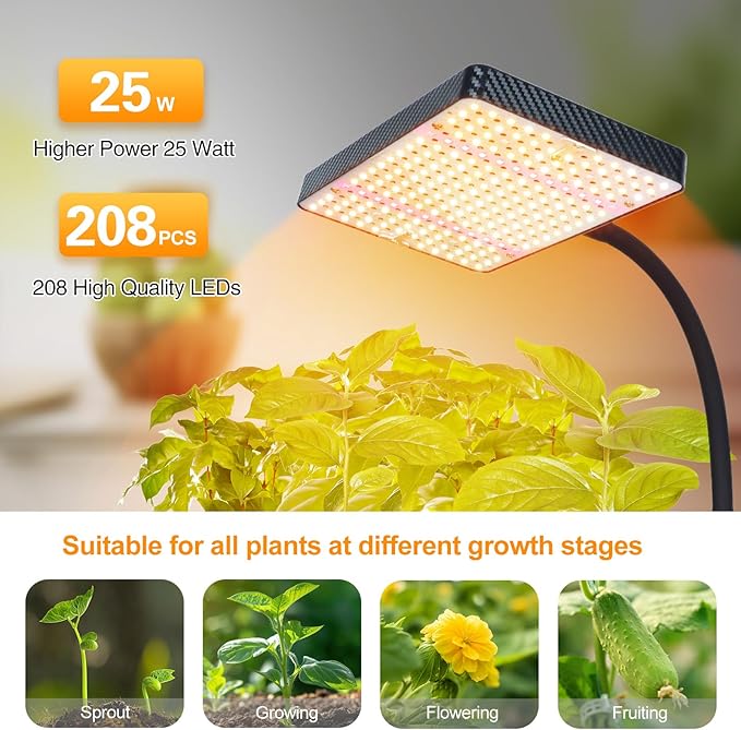 FECiDA 2026 Grow Lights with Stand, Standing Grow Lights for Indoor Plants, Bonsai Tree, 4/8/12/16/20H Timer, 25 Watt Power Draw, NO Need Adapter, Daisy Chain Function, 24"-64" Height Adjustable