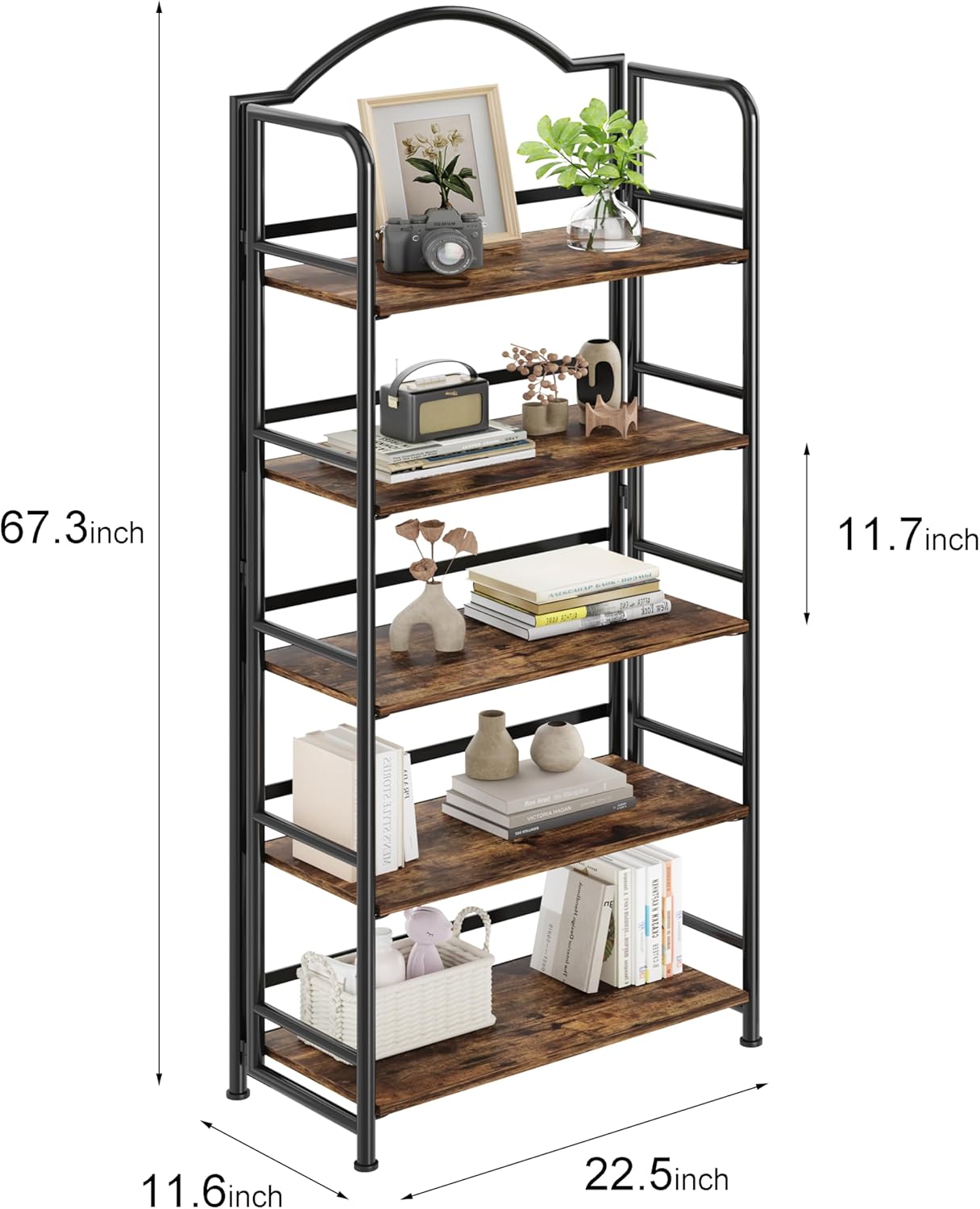 No-Assembly Folding Bookshelf Storage Shelves 5 Tiers Vintage Multifunctional Plant Flower Stand Storage Rack Shelves Bookcase for Home Office