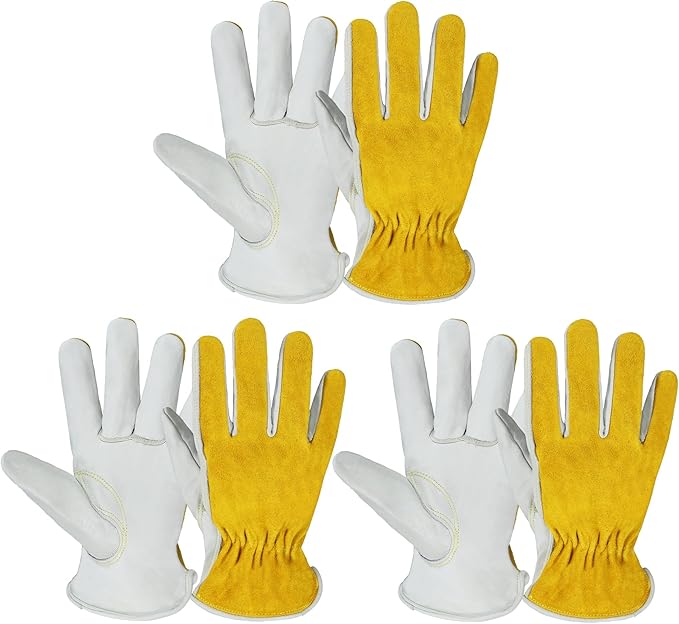 HANDLANDY Men Leather Gardening Gloves, Utility Work Gloves for Mechanics, Construction, Driver