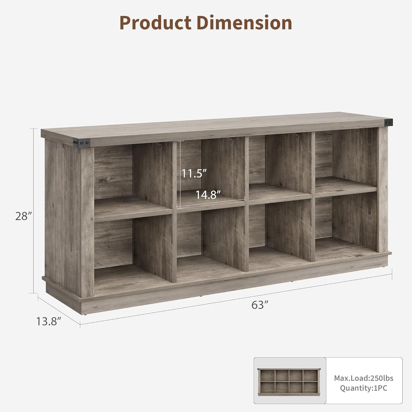 GarveeHome 8 Cube Storage Organizer Bookshelf, Farmhouse Horizontal Bookcase, 62 Inch Wood Storage Bookcase for Entryway, Long Low Bookshelves for Living Room (Grey, 8 Cube)
