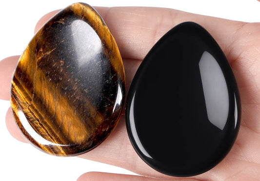 QINJIEJIE 2PCS Worry Stone for Anxiety Tiger's Eye Obsidian Healing Crystals Sets Hand Carved Thumb Stones Pocket Gemstones Meditation Crystal Reiki Relax Palm Stone Anxiety Relief Items
