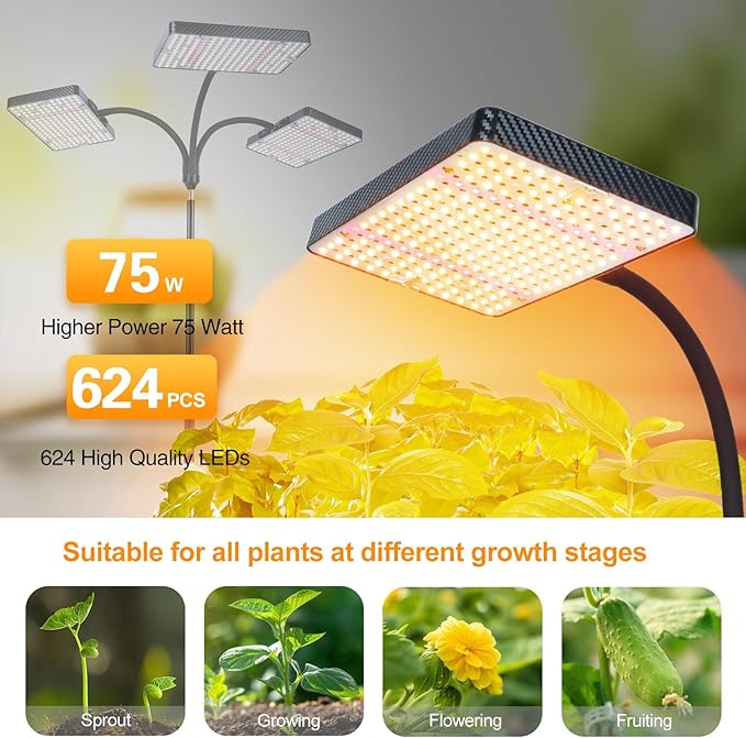 FECiDA 2026 3Head Grow Light with Stand, 75 Watt Power Draw, Bright and Big Coverage Grow Lights for Large Houseplants, Bonsai Tree, 4/8/12/16/20 Hr Timer, 24"-72" Height Adjustable, 360° Gooseneck
