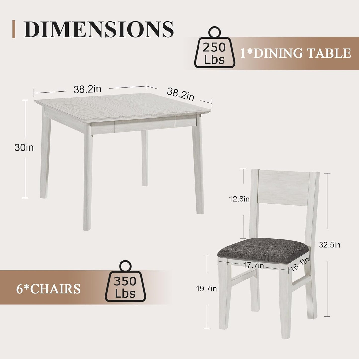 5-Piece Square Dining Table Set for 4, 38.2'' Solid Wood Kitchen Table with 4 Upholstered Chairs & 2 Drawers for Dining Room, Kitchen, Small Space, Washed Gray