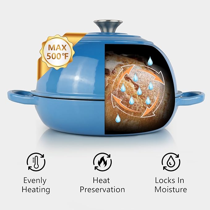 6QT Bread Dutch Oven Pot with Lid, Enameled Cast Iron Dutch Oven for Sourdough Bread Baking, Roasting, Stewing and Soup, Non-Stick Enamel Cookware for Oven/Stovetop, Perfect for Homemade Bread, Blue