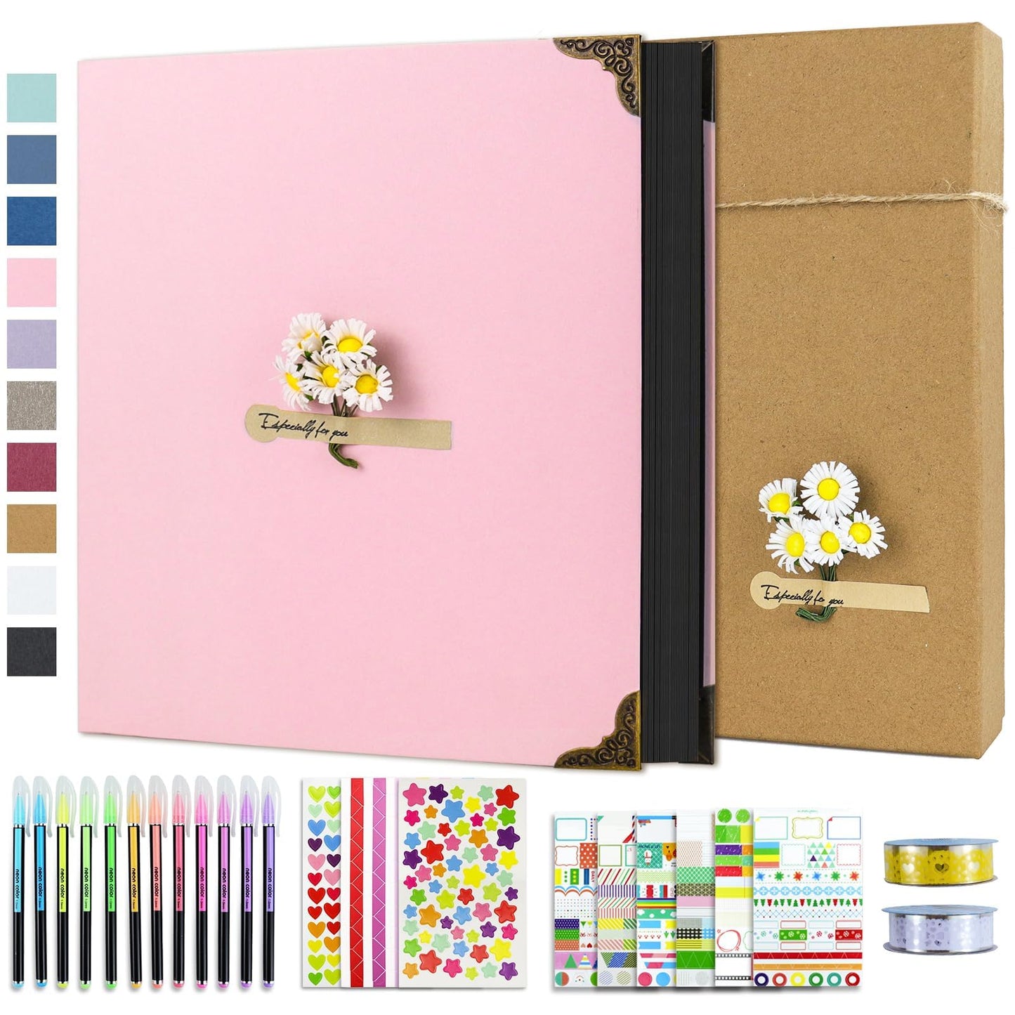 Vienrose DIY Scrapbook Photo Album Kit with Pens Tapes and Stickers 60 Pages Hardcover 12x12 Inches 3 Rings Removable Black Paper Scrapbooking for Lover Friends Kids Wedding Pink