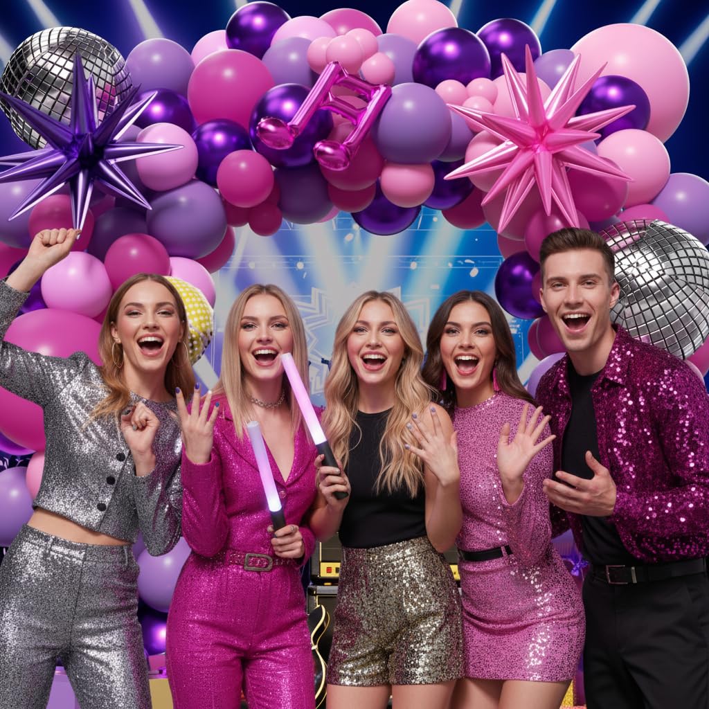 PTGOLUO K-Pop Music themed Birthday Decorations 160Pcs, Hot Pink Metallic Purple Balloon Garland Arch Kit with Disco Notes Star Foil Balloons for Girls Fans Birthday Grad Prom Princess Party Decor