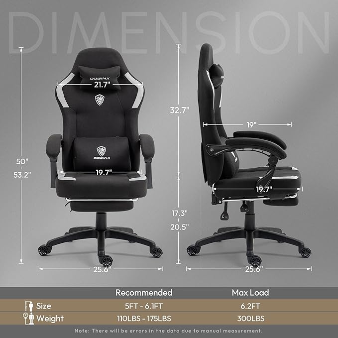 Dowinx Fabric Gaming Chair with Pocket Spring Cushion,Breathable Computer Chair with Massage Lumbar Support and Footrest,High Back Game Office Chair for Adult,Black