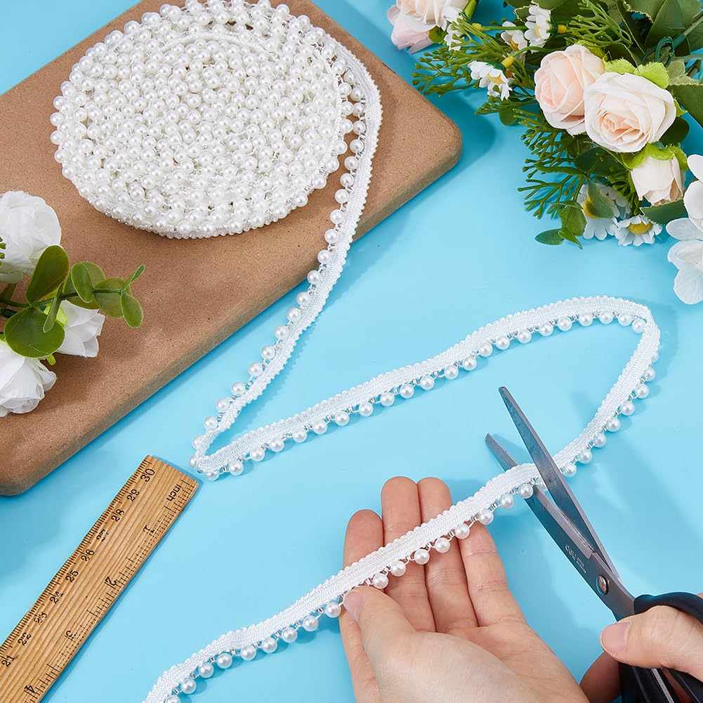 TNKBREEZE 100 Yards White Polyester Lace Trim with Attached Plastic Pearl Beads Decorative Ribbon for Adult Clothing Embellishment Dressmaking Costume Design and Special Occasion Accessories