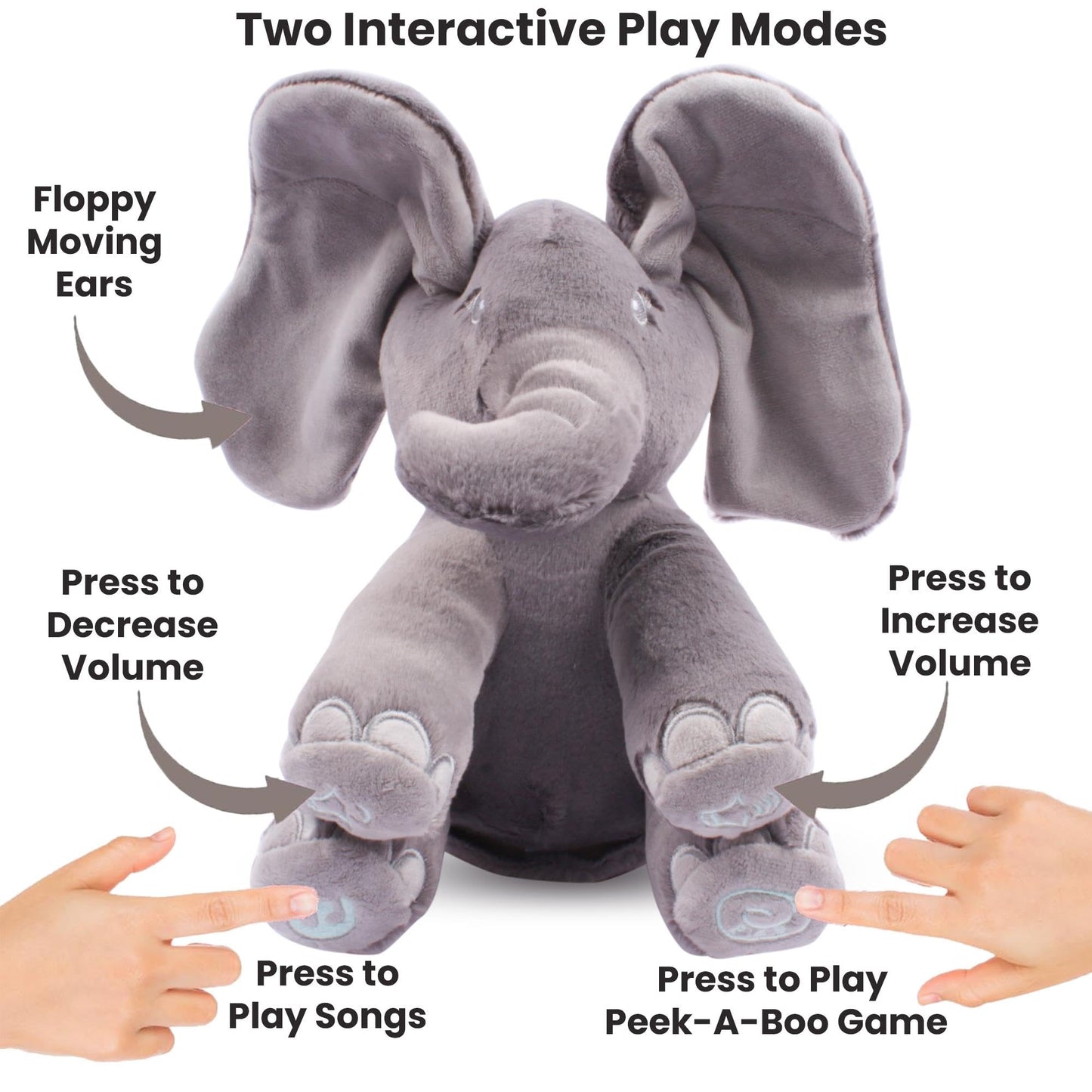 Dimple Emery Peek A Boo Elephant Toy, Interactive Singing Stuffed Elephant Plush with Moving Ears, Musical Stuffed Animal for Babies and Toddlers, Adorable Baby Toy - Adorable Gift for Grandchild