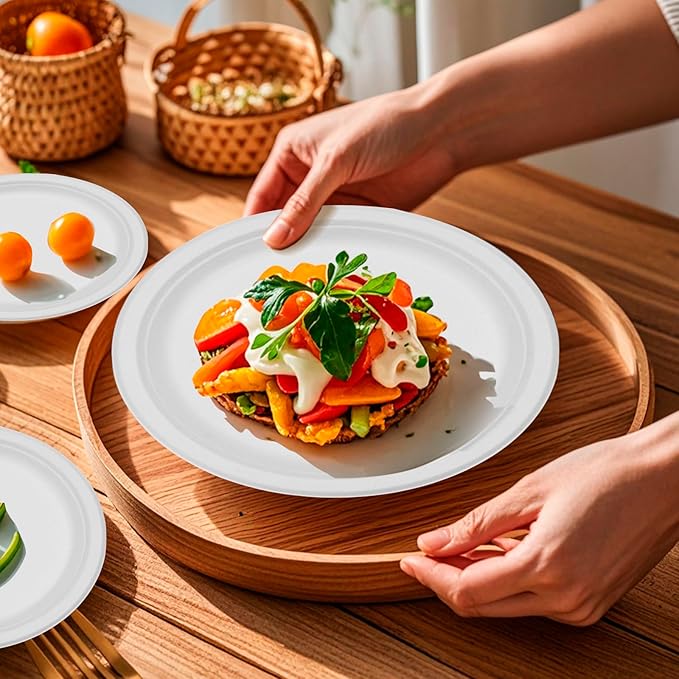 RACETOP 10 Inch [125 Pack] Paper Plates, Compostable Paper Plate, Disposable White Bagasse Plate, Heavy-Duty Biodegradable Plates, Eco-Friendly, Made of Natural Sugarcane Fibers