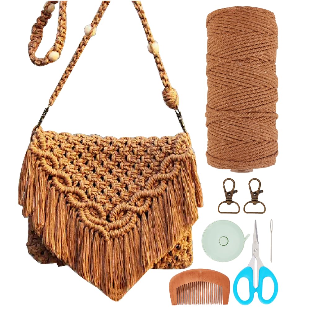 INFUNLY DIY Macrame Bag Kit for Adults Beginners Macrame Handmade Woven Bags with Tassels Bohemian Knotting Handbag Macrame Kit Crochet Bag Kit with Video Instruction for Women Holiday Beach Decor