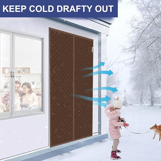 Magnetic Thermal Insulated Door Curtain Fit Door Size 32" x 80", Quilted Oxford Fabric Thicken Cotton Fill, Winter Cover Keep Cold Draft Out, Blanket Insulation for Front Patio Doors Brown