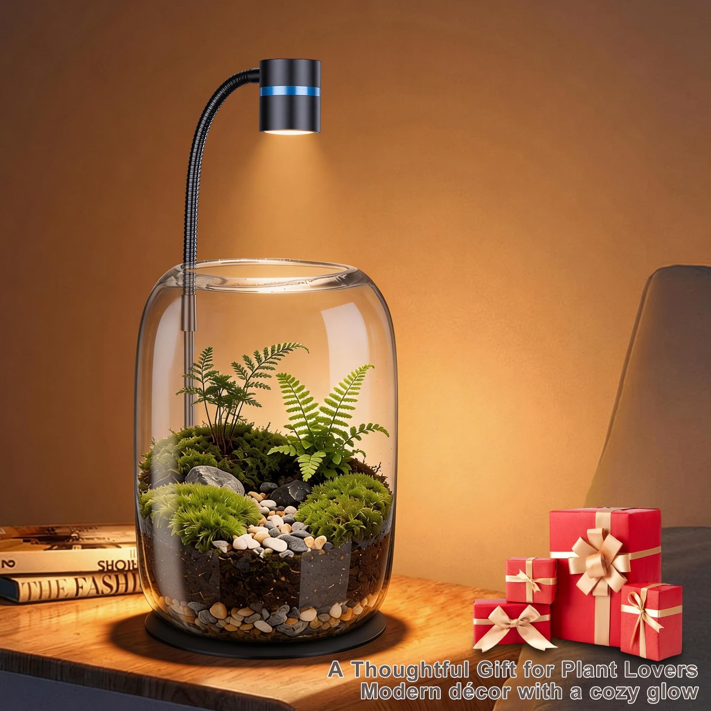 Yeeweek Glass Plant Terrarium with LED Grow Light(H:8.46" D:5.9"), Desktop Terrarium for Venus Fly Trap, Moss & Succulents, Borosilicate Indoor Planter for Home Office Decor