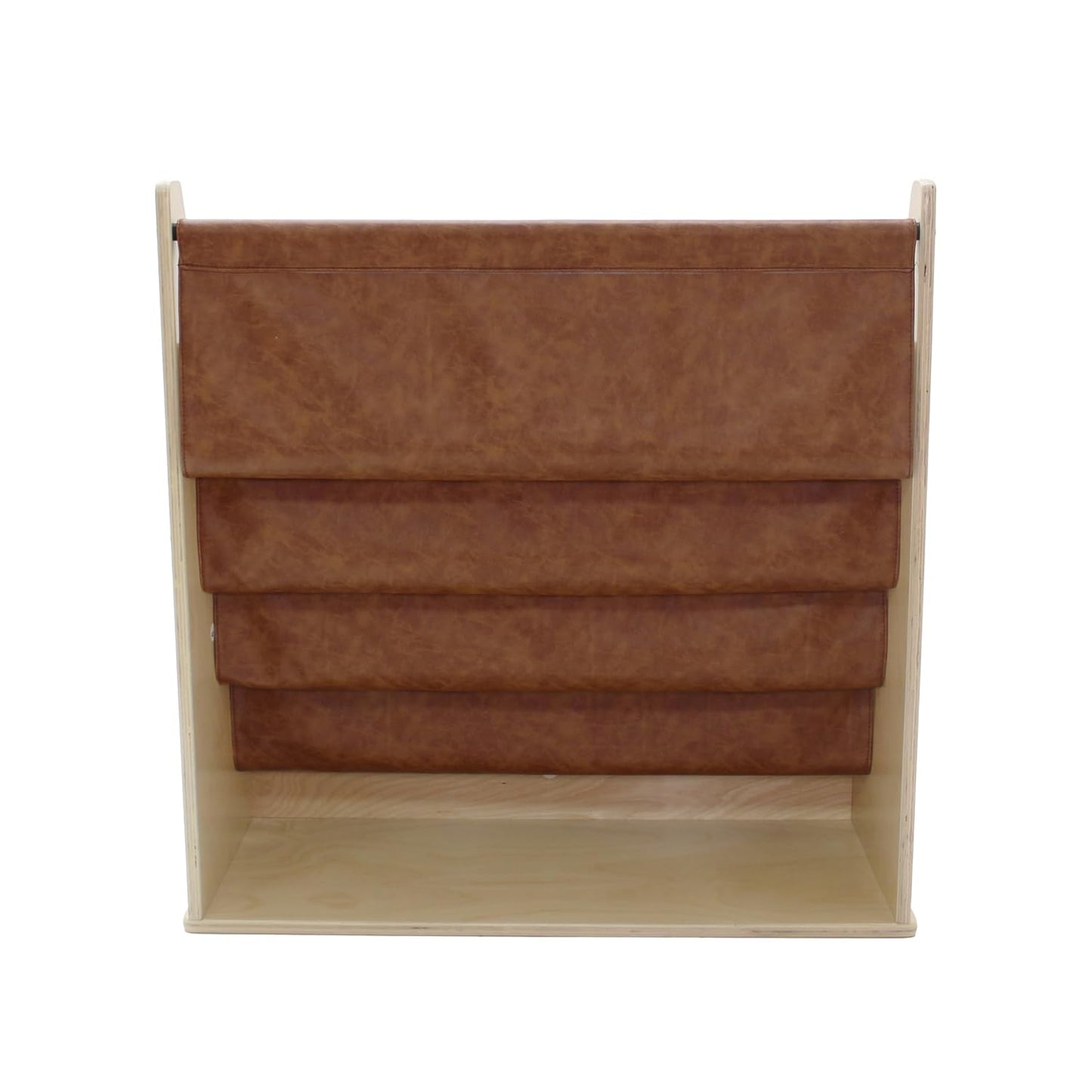 Factory Direct Partners Rustic Kid Birch Sling Book Display; Distressed Faux Leather 4-Shelf Storage for Books or Magazines; Furniture for Bedroom, Playroom, Daycare, Classroom - Hazelnut, 13745-322